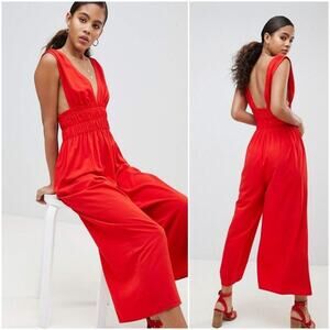 ASOS Design Ruched Waist Plunging Neckline Red Hot Jumpsuit, Size 12 Tall, NWT